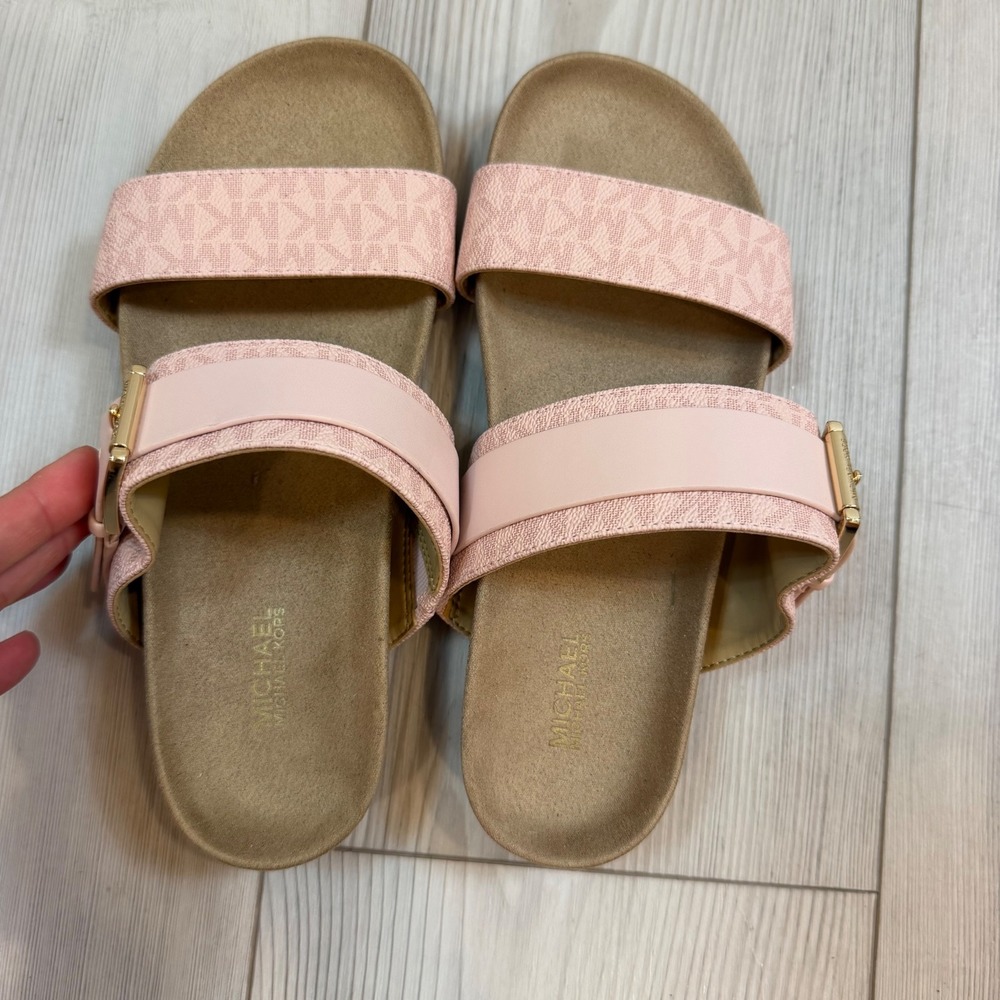 NEW Michael Kors Pink MK Logo Buckle Slide Sandals Mylah Leather Sandal 6.5M - Picture 7 of 8